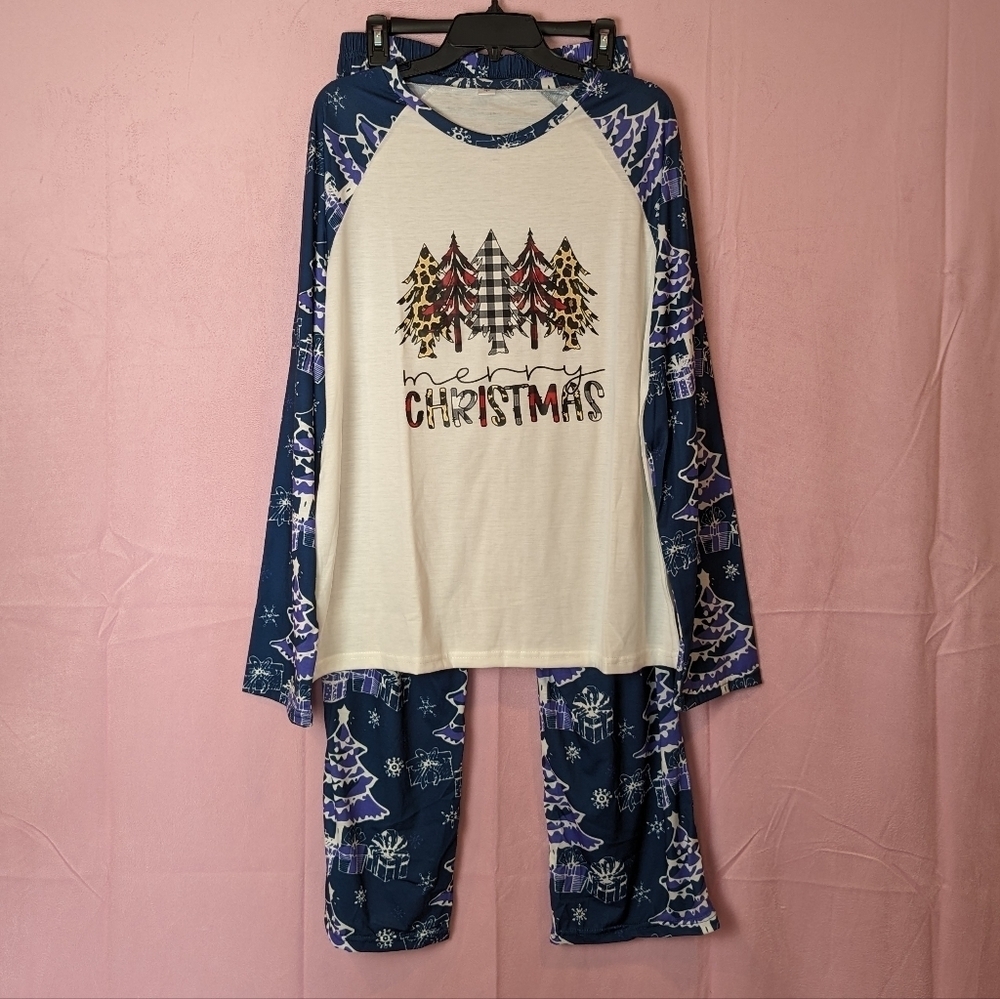 Merry Christmas Trees and Presents Blue and Purple Long Sleeve Pajamas Set